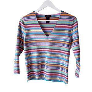 Vintage Ralph Lauren Striped V Neck Sweater Size M Multi Color Silk Cotton Blend